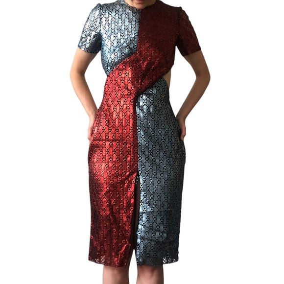 Marco De Vincenzo *CUSTOM DESIGNER* RUNWAY Red Blue Metallic Midi Cocktail Dress - Picture 6 of 16
